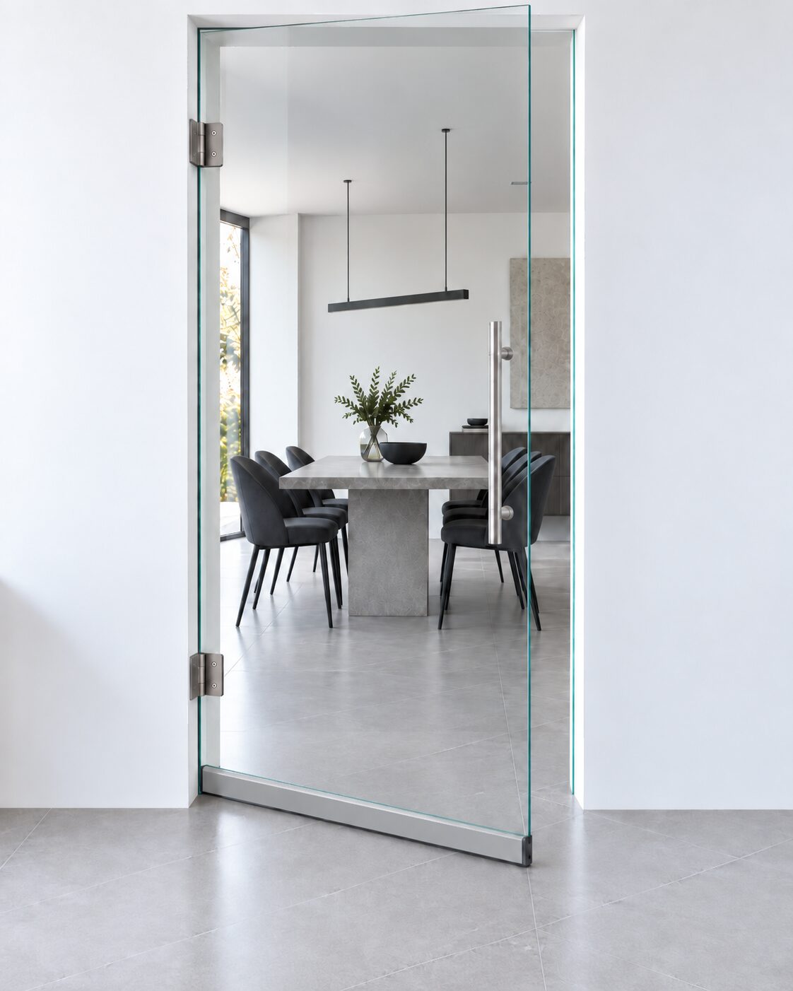 Totaaloplossingen van CK Design: CKD glasdeurbeslag, RVS T-grepen, RVS scharnieren en een valdorpel van Planet ASSA ABLOY voor een glasdeur.