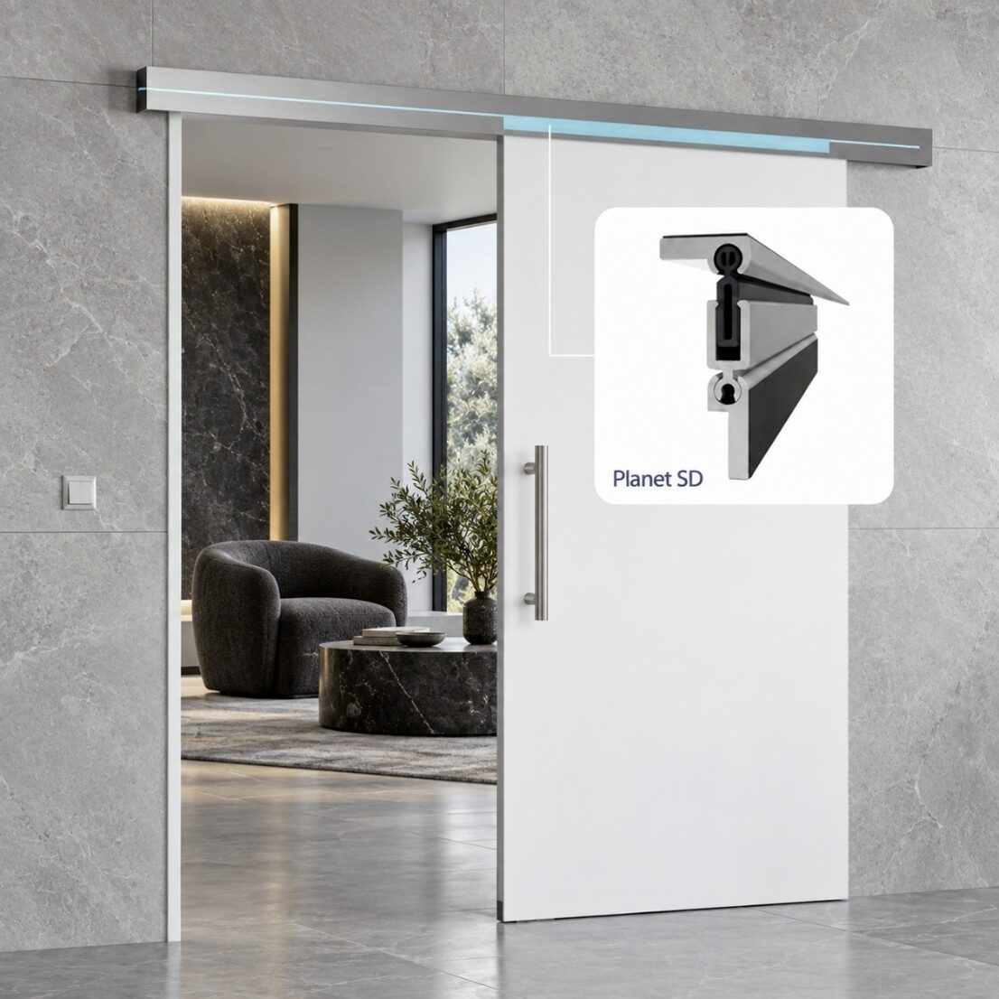 De nieuwe Planet SN in combinatie met de Planet SD-oplossing voor de bovendichting van schuifdeuren.